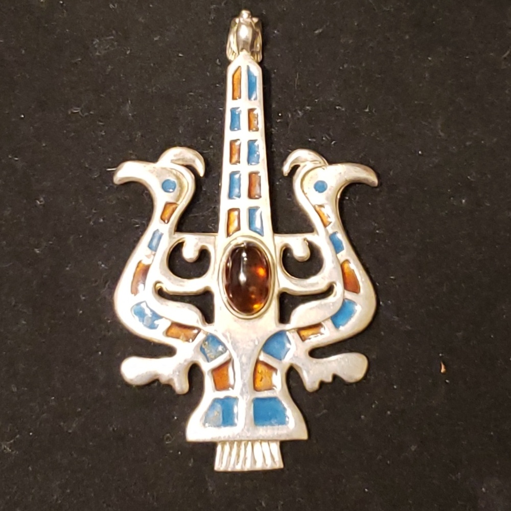 Sterling Silver Duel Peacocks Pendant Signed "NORA
